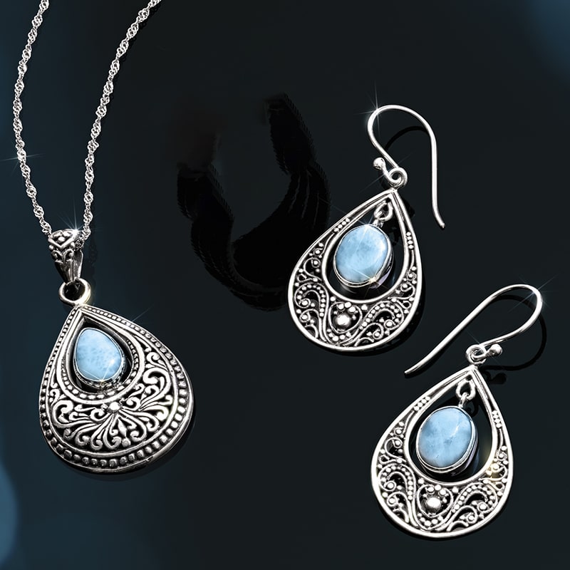 Larimar Bali Pendant, Chain and Earrings